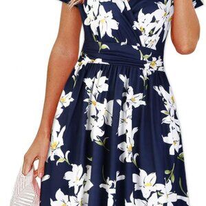 Women's Summer Short Sleeve V-Neck Floral Short Party Dress with Pockets
